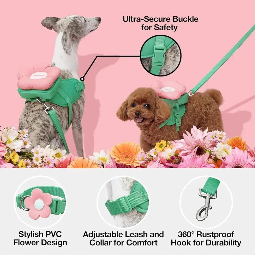 Floral Dog Harness, Collar & Leash Set – Adjustable Soft Padded Harness with Pink Flower Design | ArmoredDog™ - ArmoredDog