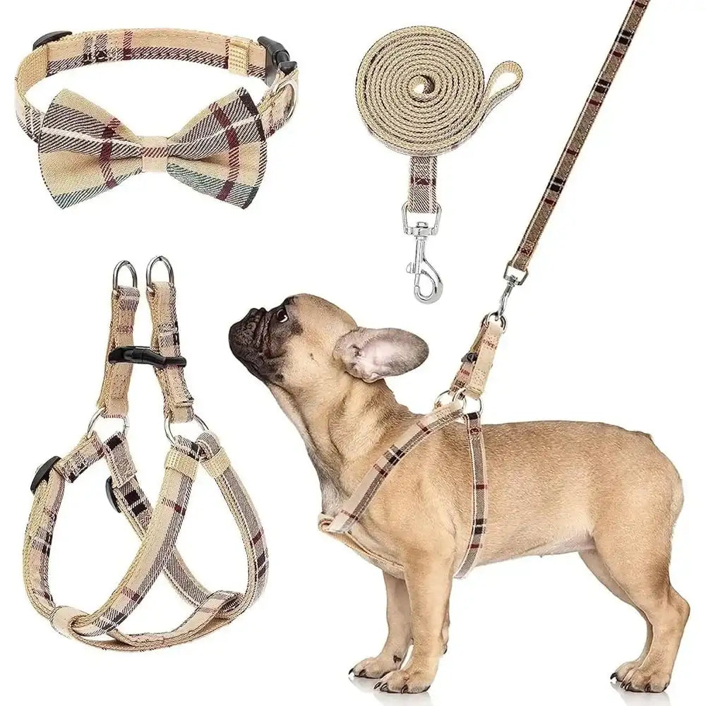 Classic Plaid Dog Harness, Leash & Bow Tie Collar Set – Adjustable & Stylish Walking Gear | ArmoredDog™ - ArmoredDog