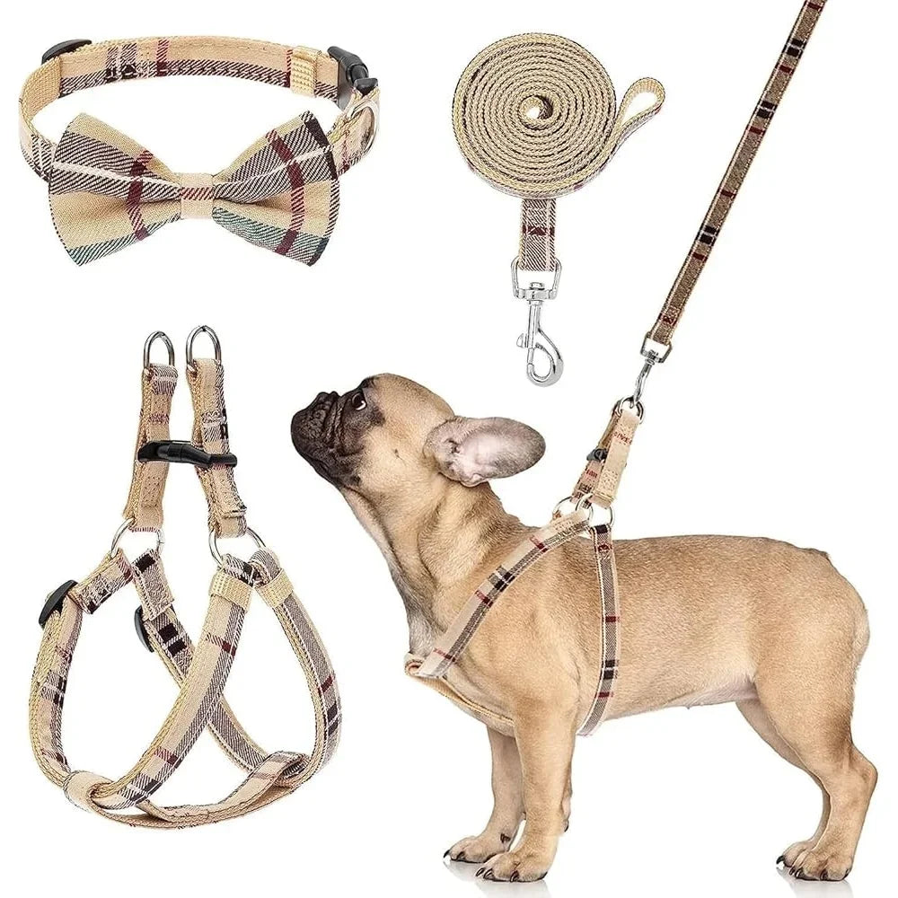 Classic Plaid Dog Harness, Leash & Bow Tie Collar Set – Adjustable & Stylish Walking Gear | ArmoredDog™ - ArmoredDog