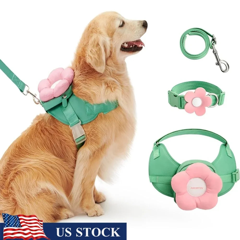 Floral Dog Harness, Collar & Leash Set – Adjustable Soft Padded Harness with Pink Flower Design | ArmoredDog™ - ArmoredDog