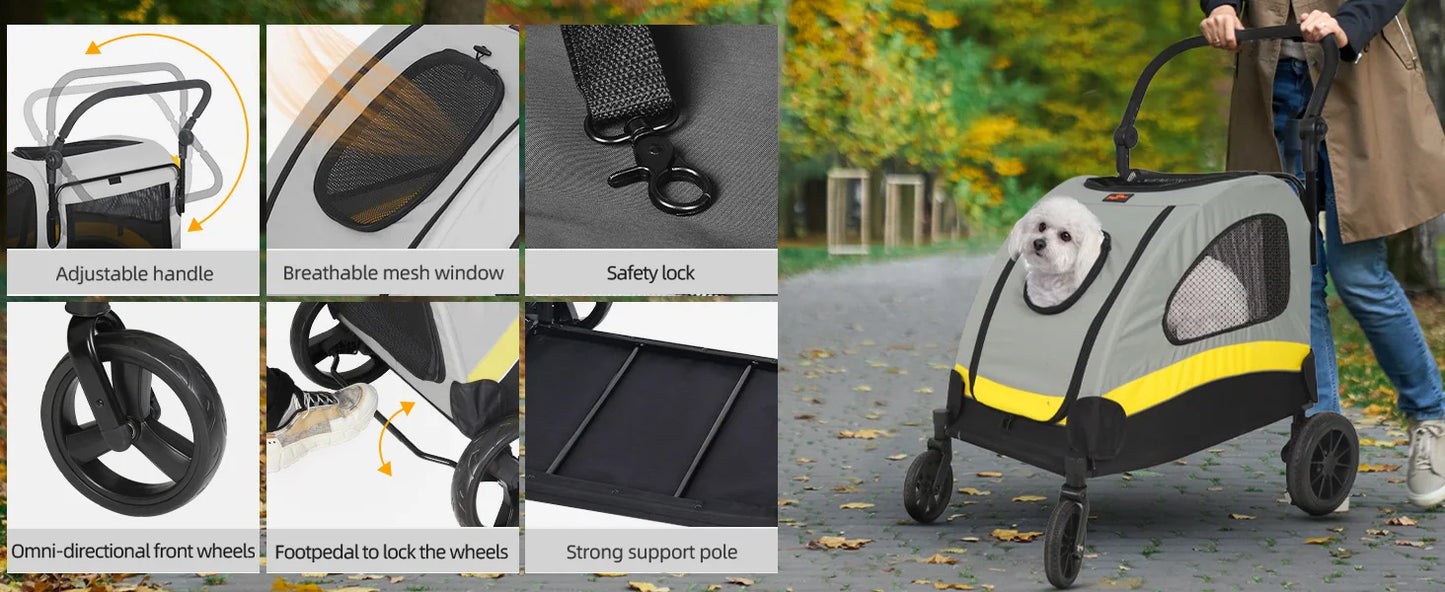 4-Wheel Foldable Pet Stroller with Shock Absorbers & Safety Lock | Breathable Mesh Dog & Cat Travel Carrier | ArmoredDog™ - ArmoredDog