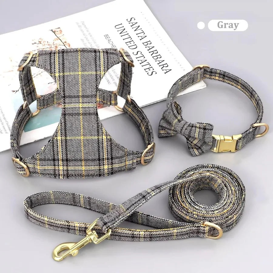 Luxury Plaid Dog Harness, Bow Tie Collar & Leash Set – Adjustable Comfort Fit | ArmoredDog™ - ArmoredDog