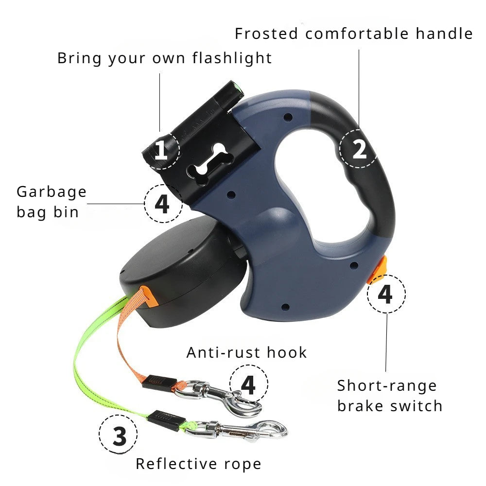 Retractable Dog Leash with LED Flashlight & Waste Bag Dispenser | 3-in-1 Anti-Tangle Leash for Night Walks | ArmoredDog™ - ArmoredDog