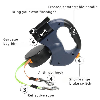 Retractable Dog Leash with LED Flashlight & Waste Bag Dispenser | 3-in-1 Anti-Tangle Leash for Night Walks | ArmoredDog™ - ArmoredDog
