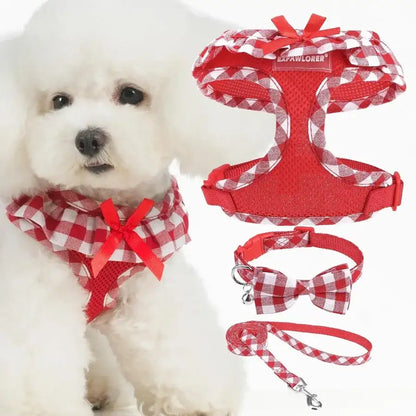 Red Gingham Dog Harness, Leash & Collar Set with Bowtie | Adjustable No-Pull Harness for Small Dogs & Cats | ArmoredDog™ - ArmoredDog
