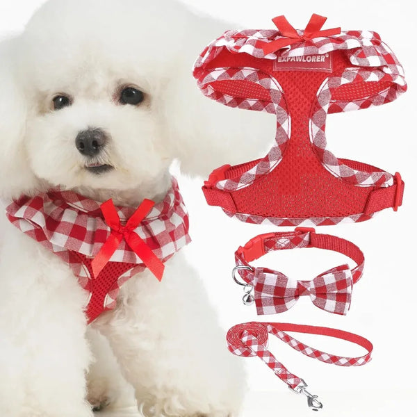 Red Gingham Dog Harness, Leash & Collar Set with Bowtie | Adjustable No-Pull Harness for Small Dogs & Cats | ArmoredDog™ - ArmoredDog