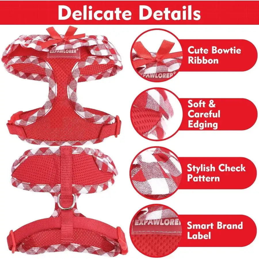 Red Gingham Dog Harness, Leash & Collar Set with Bowtie | Adjustable No-Pull Harness for Small Dogs & Cats | ArmoredDog™ - ArmoredDog