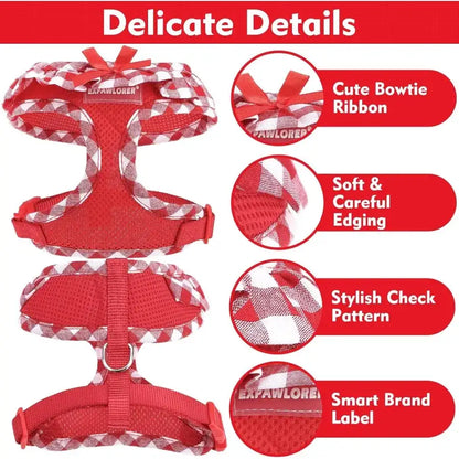 Red Gingham Dog Harness, Leash & Collar Set with Bowtie | Adjustable No-Pull Harness for Small Dogs & Cats | ArmoredDog™ - ArmoredDog