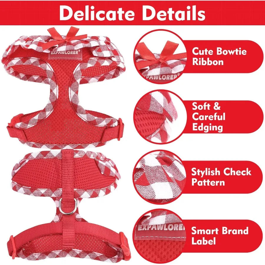 Red Gingham Dog Harness, Leash & Collar Set with Bowtie | Adjustable No-Pull Harness for Small Dogs & Cats | ArmoredDog™ - ArmoredDog