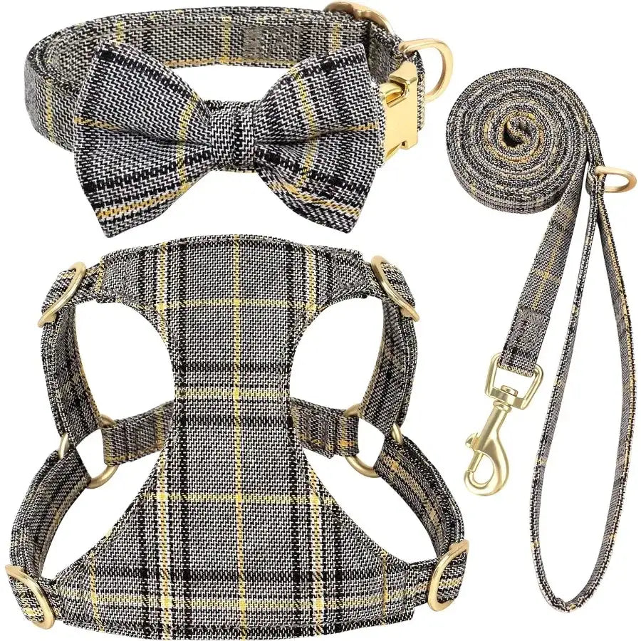 Luxury Plaid Dog Harness, Bow Tie Collar & Leash Set – Adjustable Comfort Fit | ArmoredDog™ - ArmoredDog