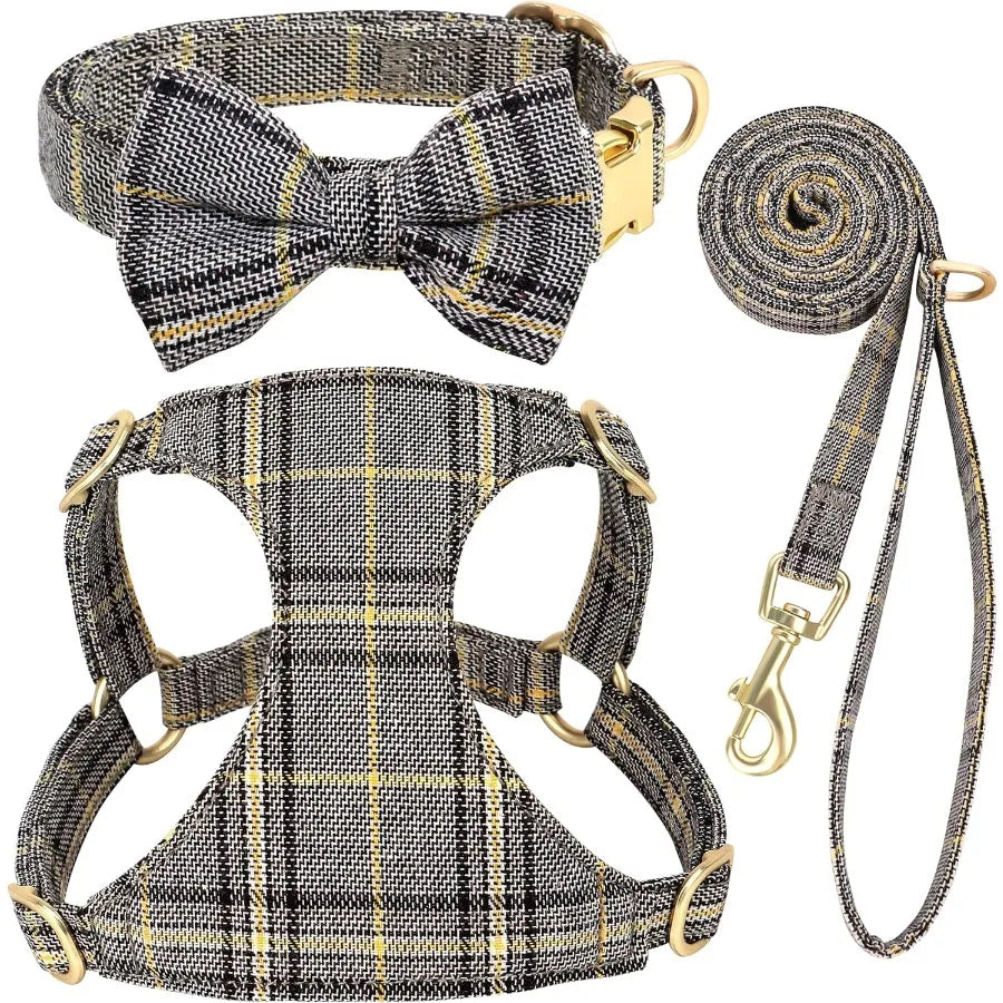 Luxury Plaid Dog Harness, Bow Tie Collar & Leash Set – Adjustable Comfort Fit | ArmoredDog™ - ArmoredDog