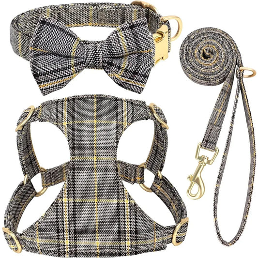 Luxury Plaid Dog Harness, Bow Tie Collar & Leash Set – Adjustable Comfort Fit | ArmoredDog™ - ArmoredDog
