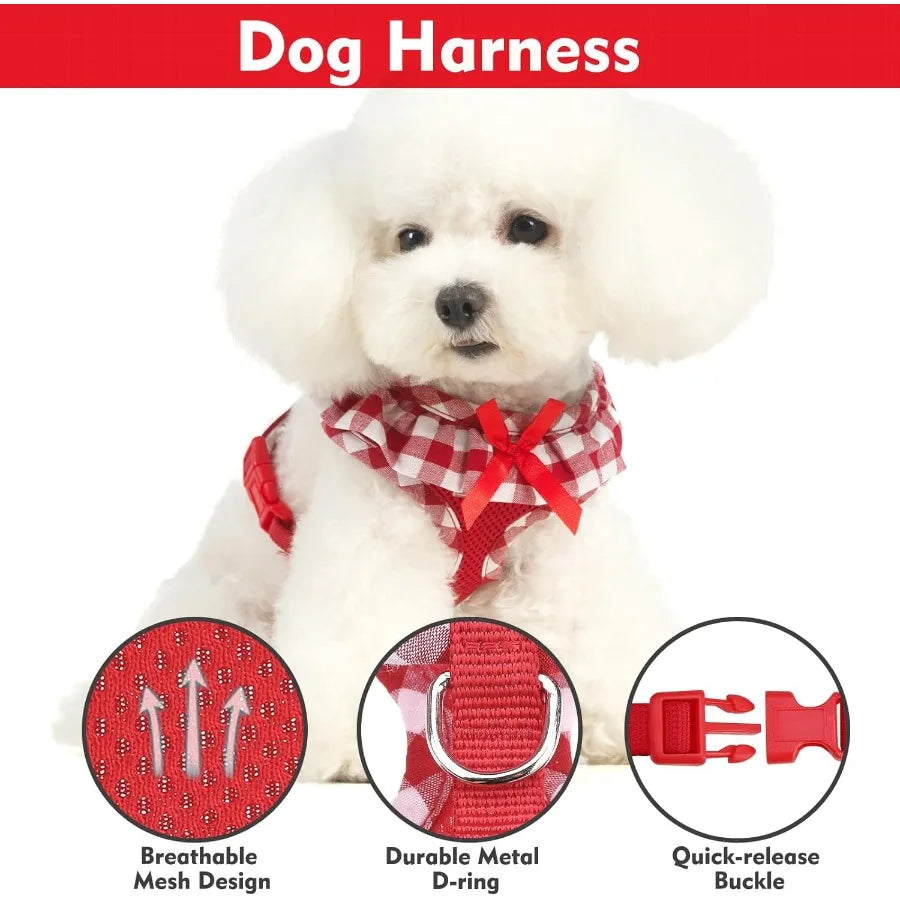 Red Gingham Dog Harness, Leash & Collar Set with Bowtie | Adjustable No-Pull Harness for Small Dogs & Cats | ArmoredDog™ - ArmoredDog
